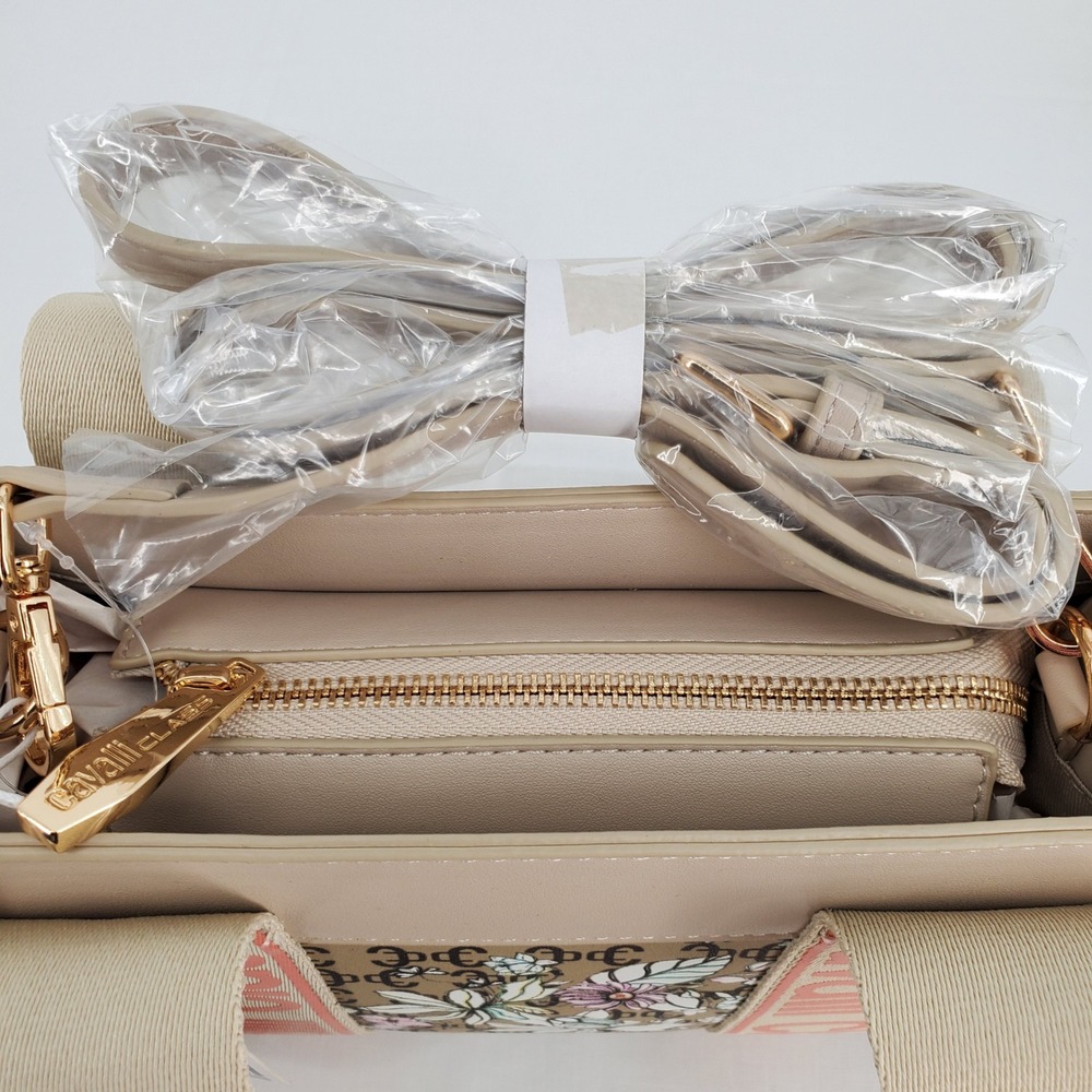Cavalli Class Serafina Top Handle Tote Floral Print Beige Leather Canvas Bag - Picture 5 of 8